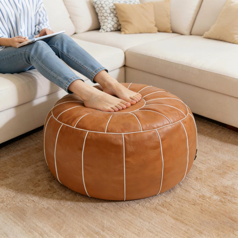 Thgonwid Unstuffed Moroccan Storage Pouf Foot Stool Ottoman Seat Handmade Faux Leather Bean Bag Floor Chair Foot Rest for Living Room, Bedroom or Balcony (Brown) - Image 4